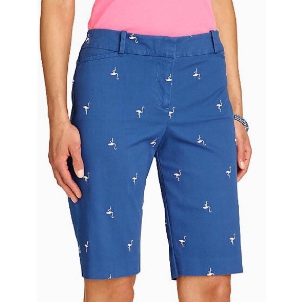 Talbots Womens Embroidered Flamingo Chino Shorts 16W Blue Summer Coastal Preppy